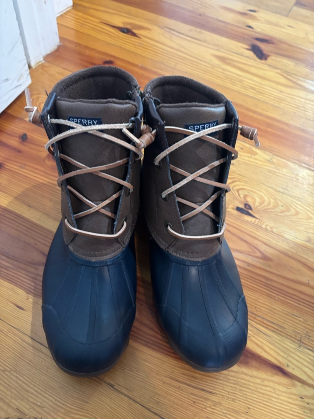 Sperry Brown Leather and Navy Rubber Lace-Up Waterproof Boots